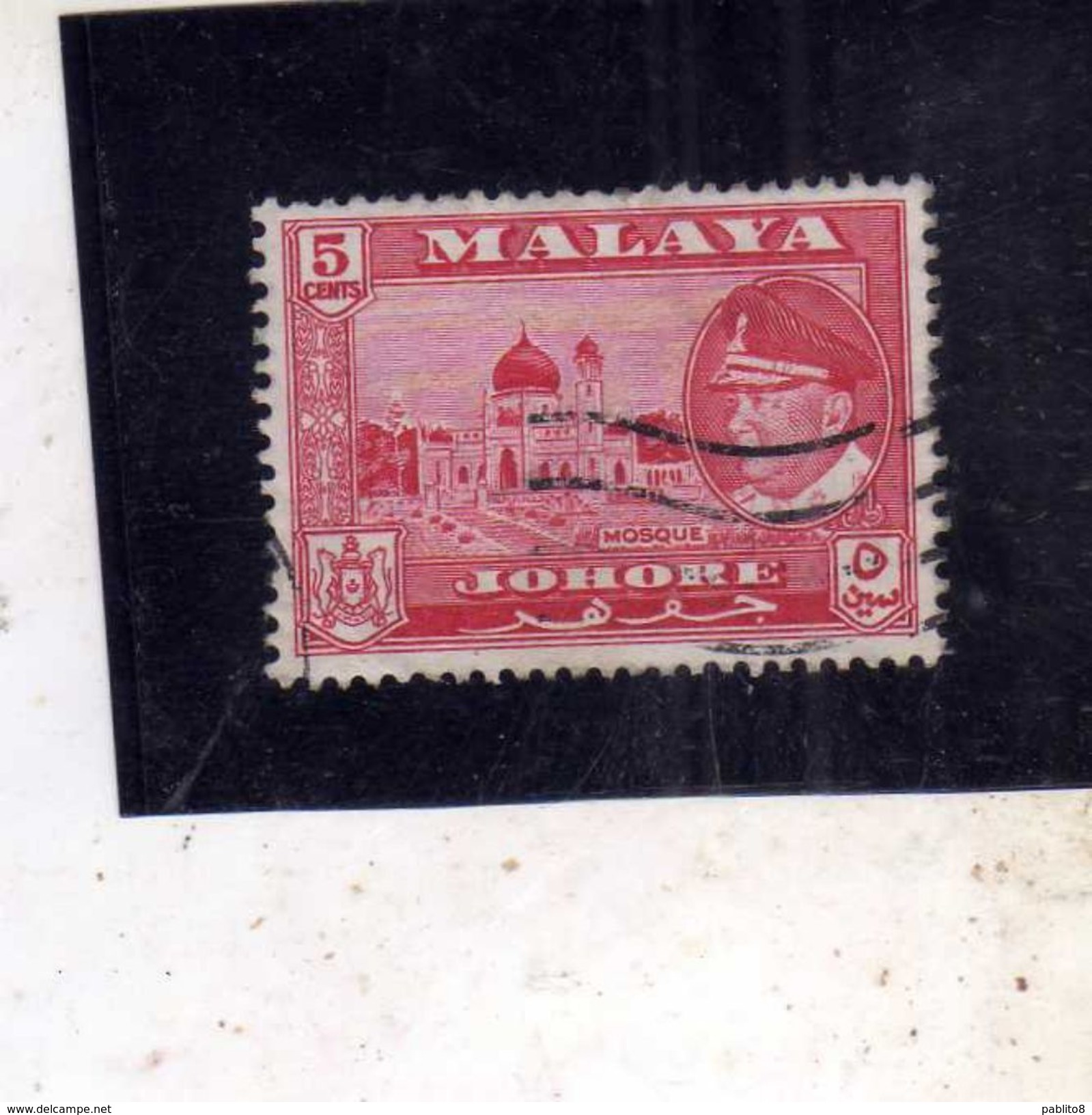 MALAYA MALAISIE MALESIA JOHORE 1960 SULTAN ISMIAL SULTANO MOSQUE MOSCHEA CENT. 5c USATO USED OBLITERE' - Johore