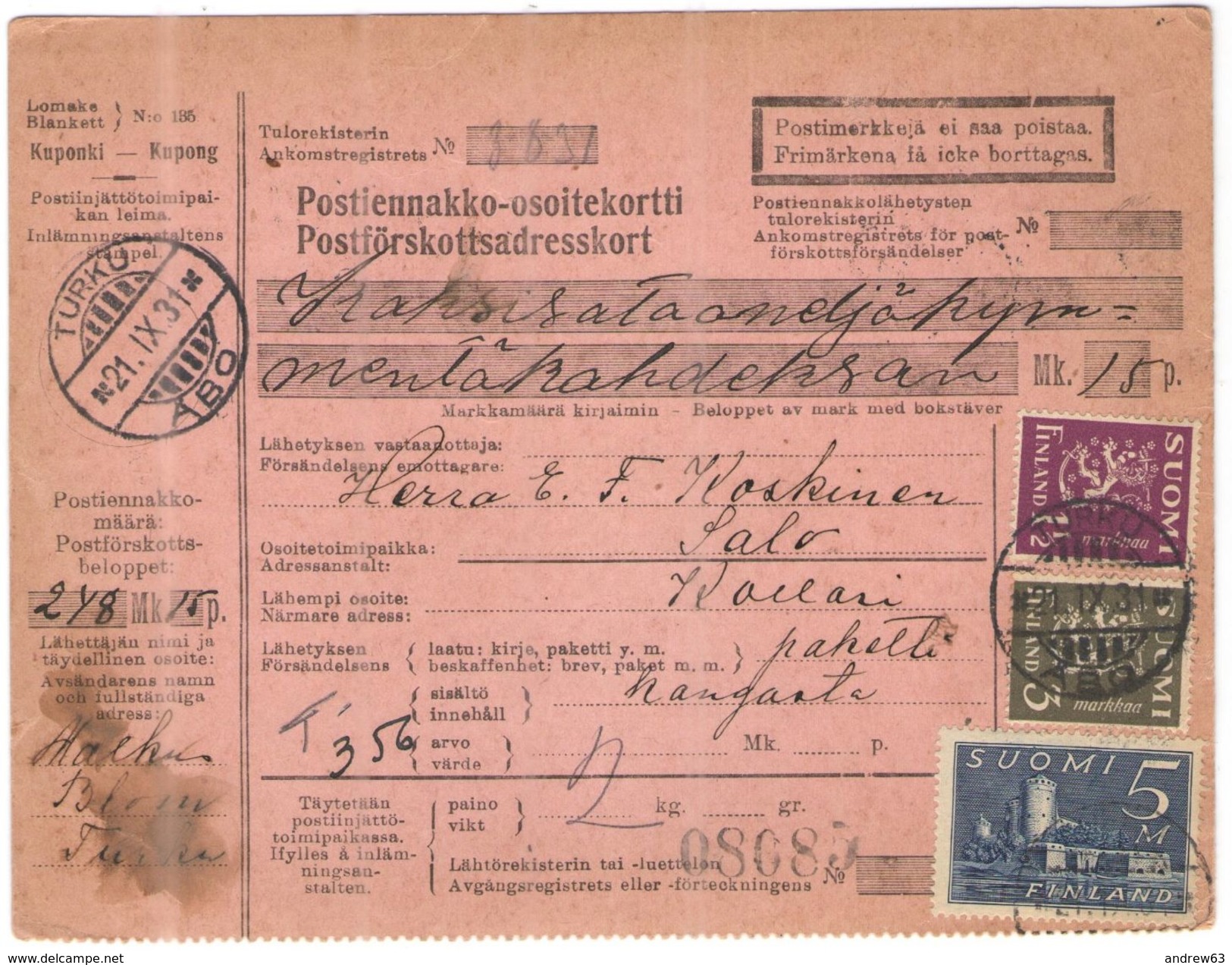 FINLANDIA - Finland - 1931 - Postiennakko-Osoitekortti - Adresskort Paket Packet Freight Bill Card - Viaggiata Da Turku - Parcel Post