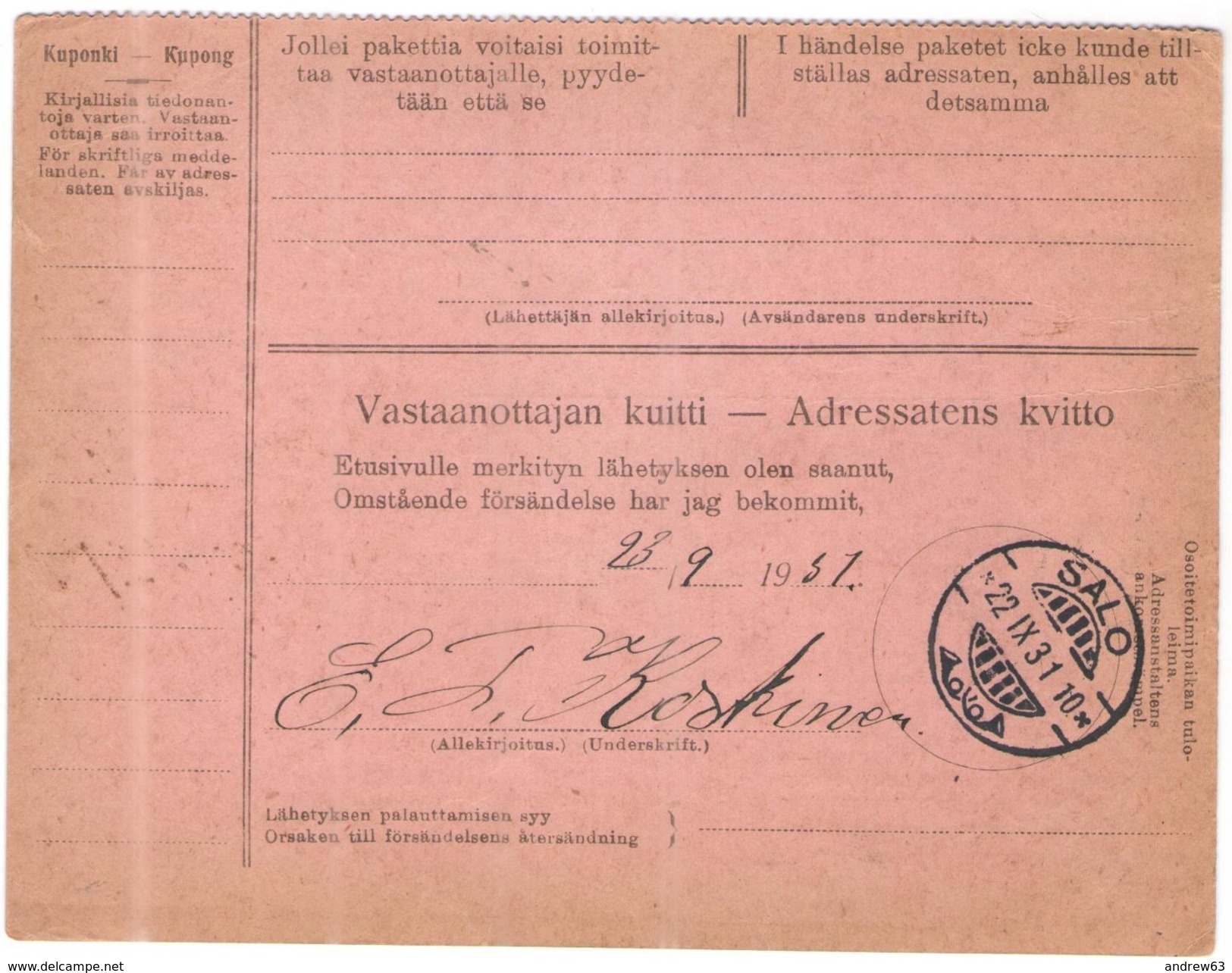 FINLANDIA - Finland - 1931 - Postiennakko-Osoitekortti - Adresskort Paket Packet Freight Bill Card - Viaggiata Da Turku - Parcel Post