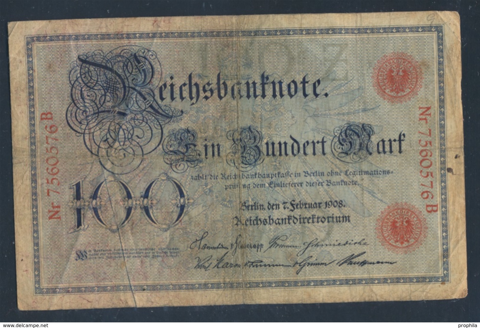 Deutsches Reich Rosenbg: 33a, Rotes Siegel Kontrollnummer 25mm Lang Gebraucht (III) 1908 100 Mark (8192637 - 100 Mark