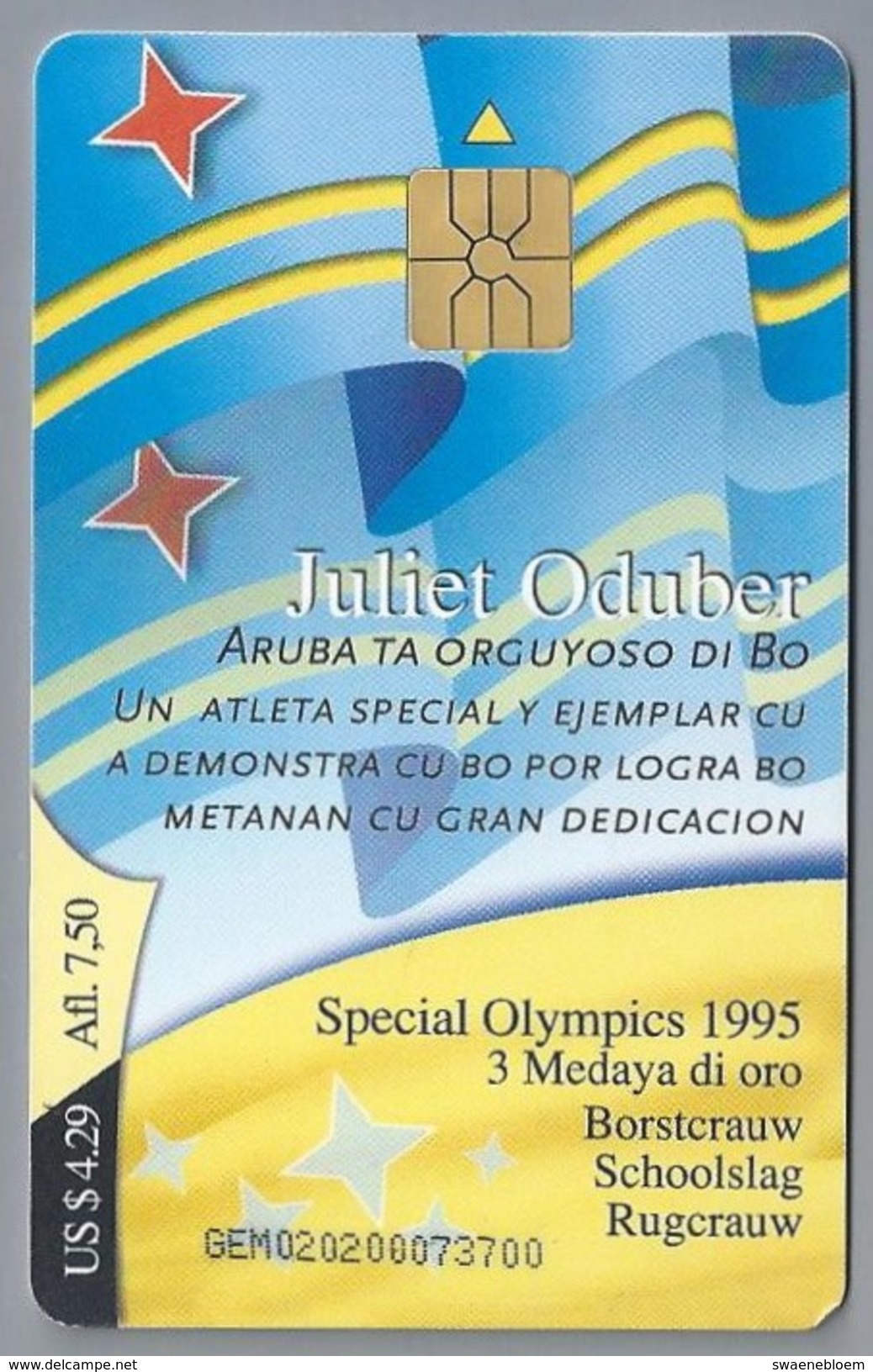 Telefoonkaart. ARUBA PHONE CARD. JULIET ODUBER. SPECIAL OLYMPICS 1995. 3 Medaya. 2 Scans - Antillas (Nerlandesas)