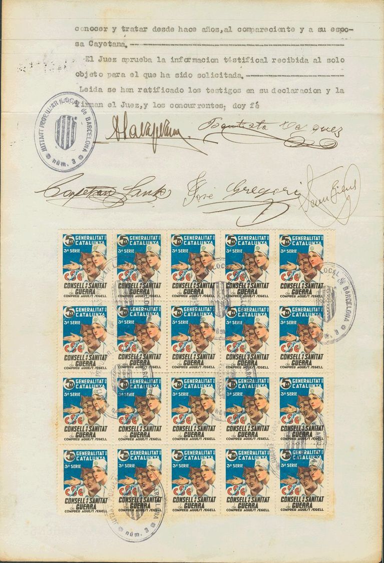 1 º 5 Cts Multicolor C.S.G., Bloque De Veinte, Sobre Documento Testifical Del Juzgado Nº3 De Barcelona. MAGNIFICO Y ESPE - Spanish Civil War Labels