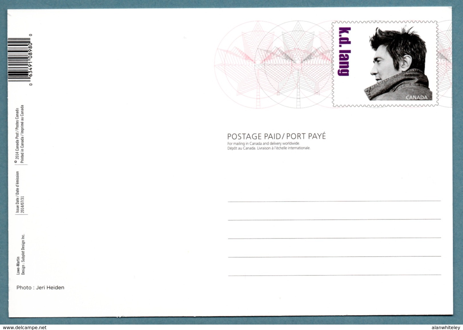 CANADA 2014 Canadian Country Artists / K D Lang: Single Postcard MINT/UNUSED - Officiële Postkaarten