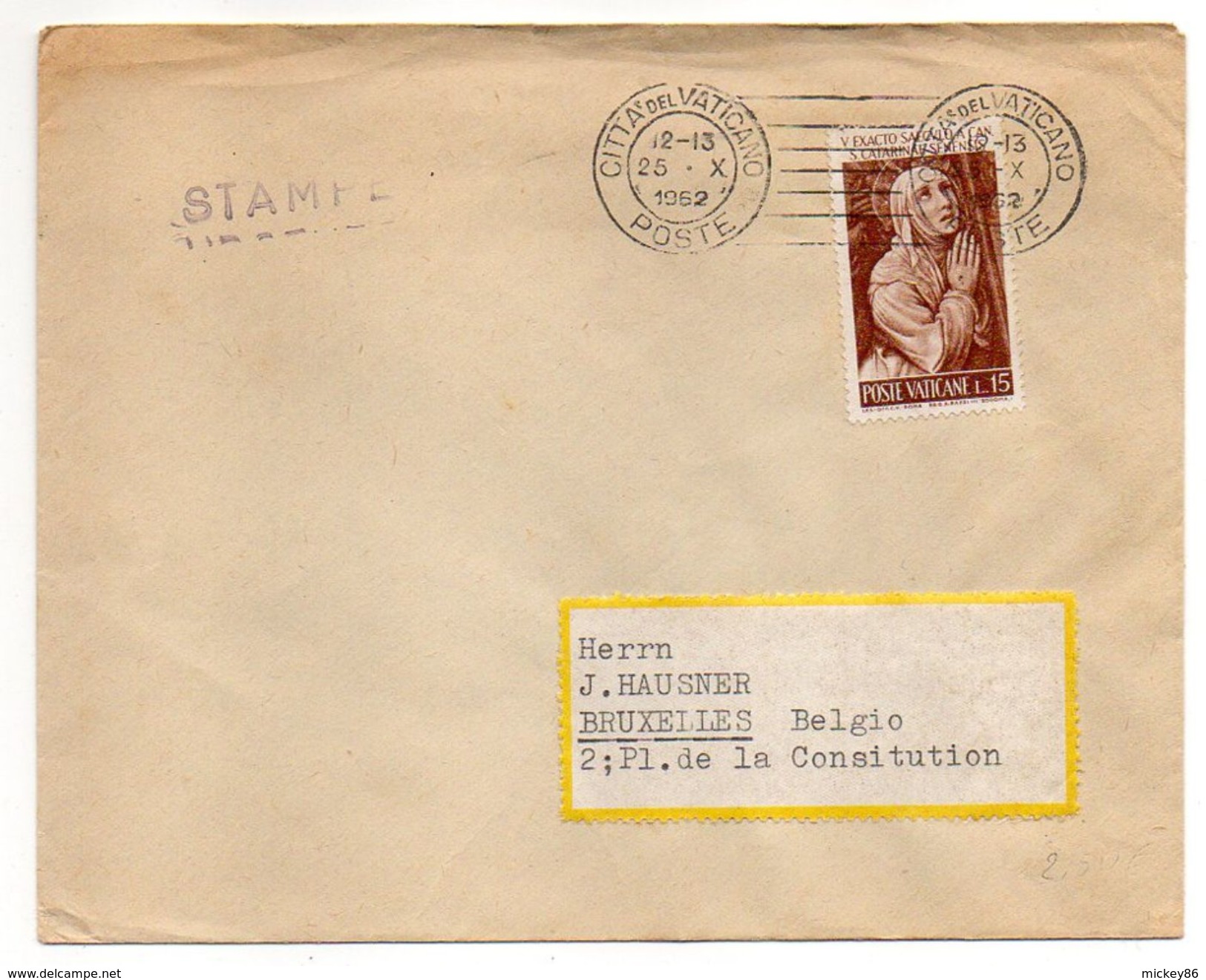 VATICAN-1952-Lettre Destination De BRUXELLES (Belgique)-Joli Timbre (Ste Catherine)seul Sur Lettre-beau Cachet Mécanique - Storia Postale