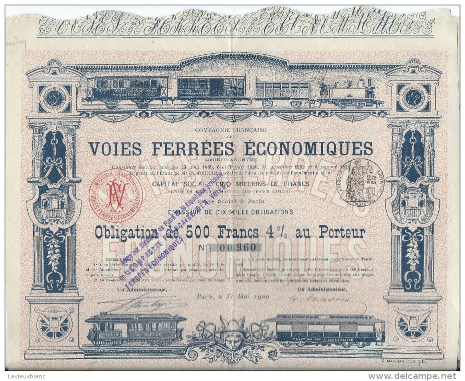 Obligation De 500 Francs 4% Au Porteur/Voies Ferrées économiques /Paris /1900   ACT95bis - Railway & Tramway