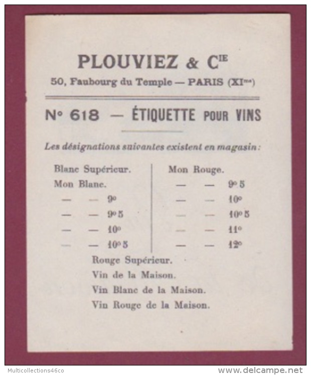 031217 - étiquette ALCOOL - VIN DE LA MAISON - Château Tour - PLOUVIEZ &amp; Cie Paris - Vin De Pays D'Oc