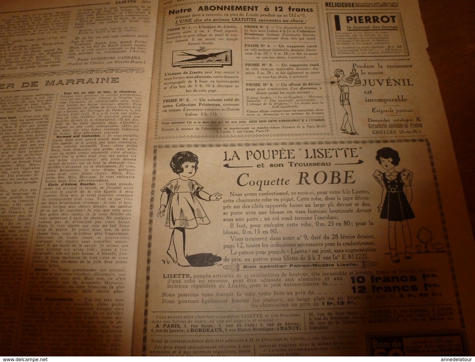 1937 LISETTE:Le violon magique d'Huguette Vorel (texte et dessins René Louys);Couverture de voiture et de berceau ..;etc