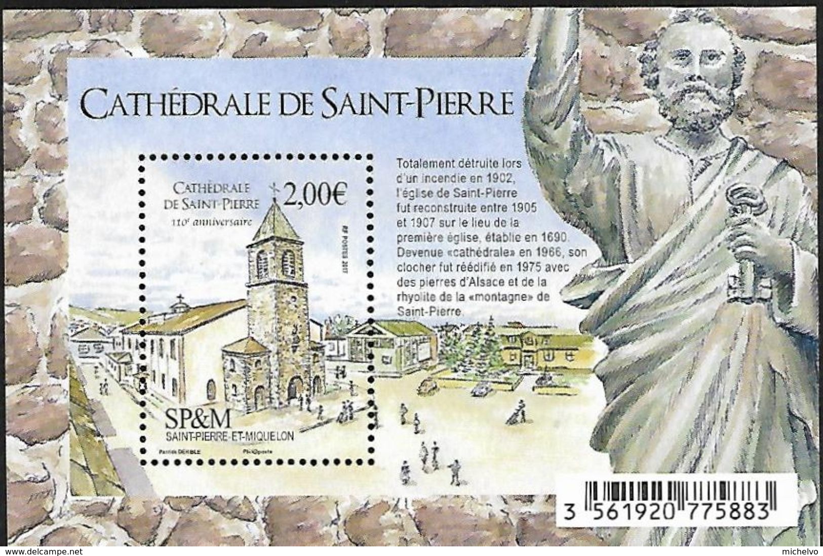 SP & M 2017 - Yv N° F1196 ** - 110 Ans De La Cathédrale De Saint Pierre  (Mi N° BL32) - Ungebraucht