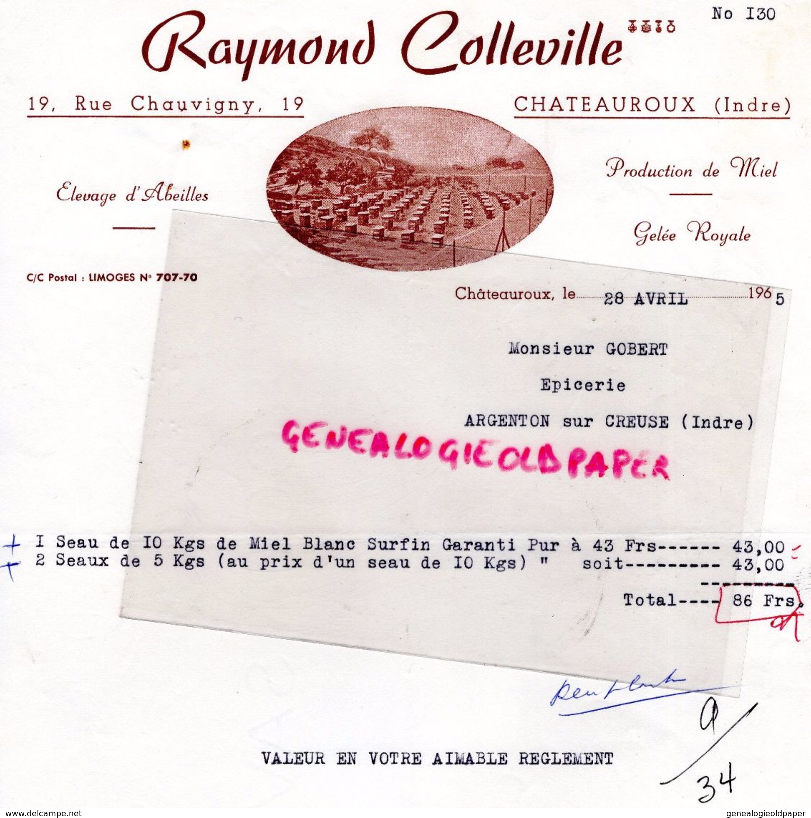 36- CHATEAUROUX- RARE FACTURE RAYMOND COLLEVILLE- ELEVAGE ABEILLES-APICULTURE-MIEL-GELEE ROYALE-1965 APICULTEUR - Ambachten