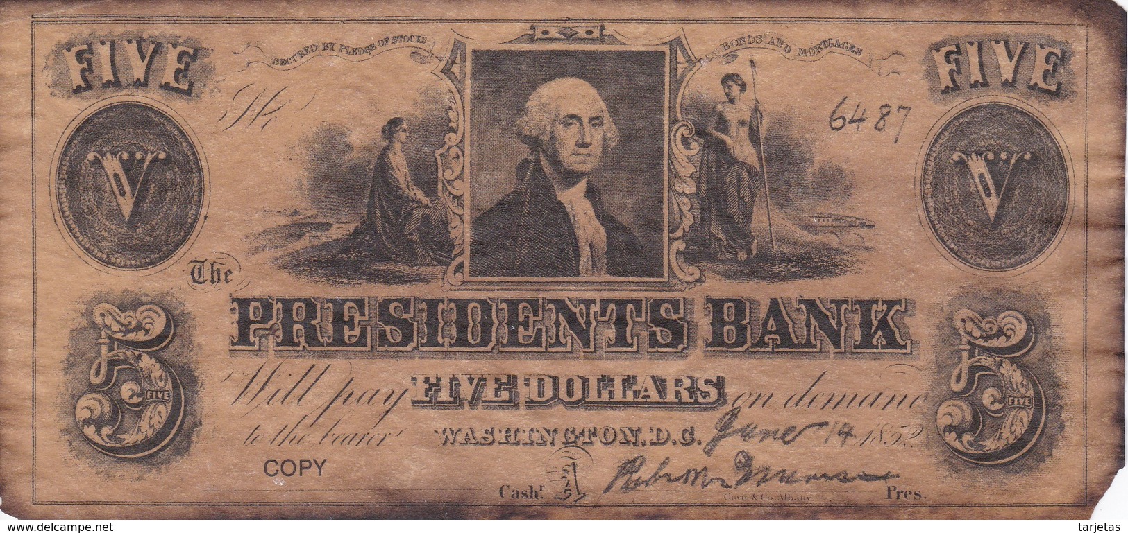 BILLETE DE ESTADOS UNIDOS DE WASHINGTON DE 5 DOLLARS DEL AÑO 1852  (BANKNOTE) COPY - Washington