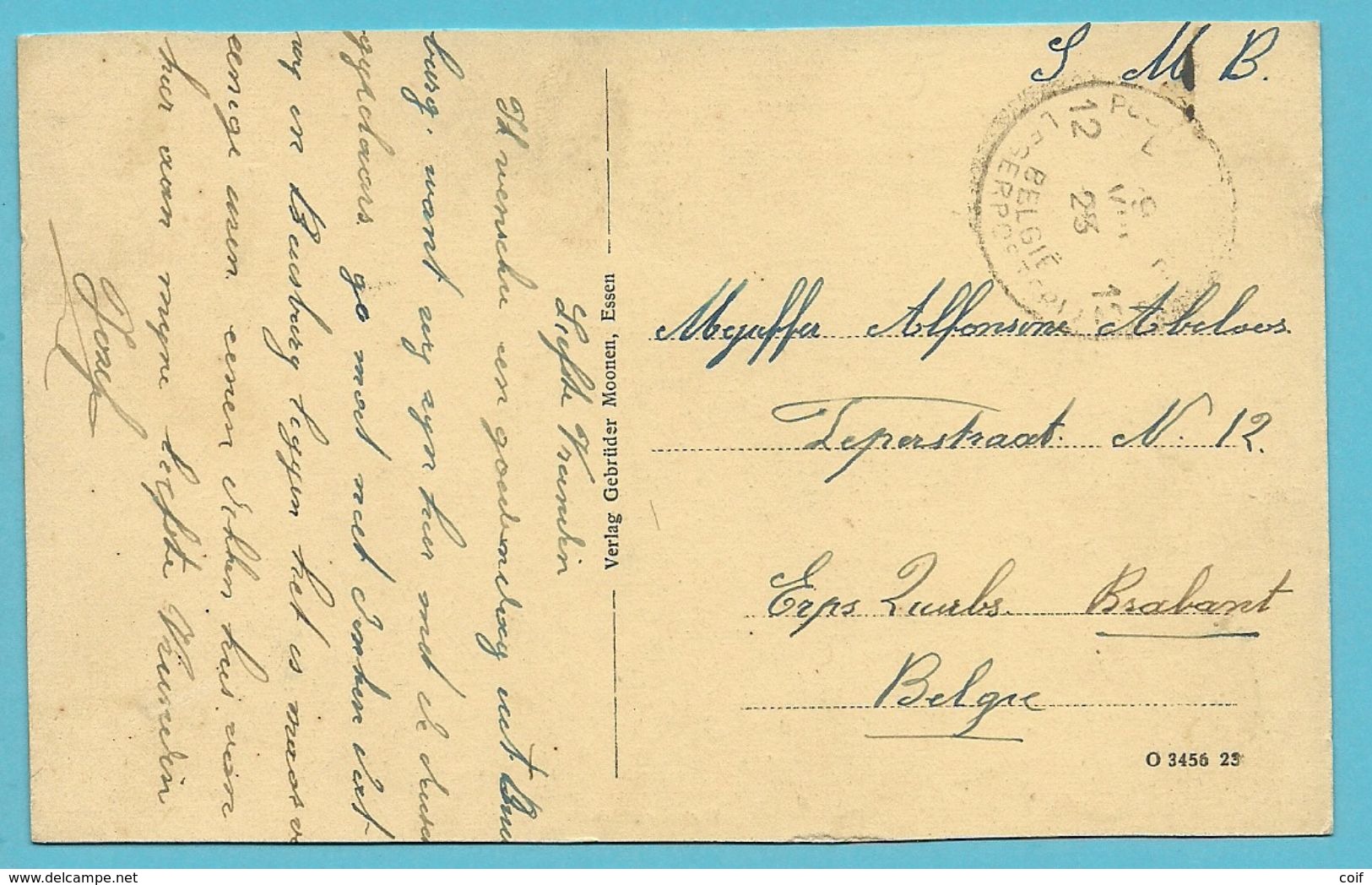 Kaart (Duisburg/Duitsland) Met Stempel Postes Militaires Belgique 12 Op 9/8/23 (treinstempel / Ambulant) - Armeestempel