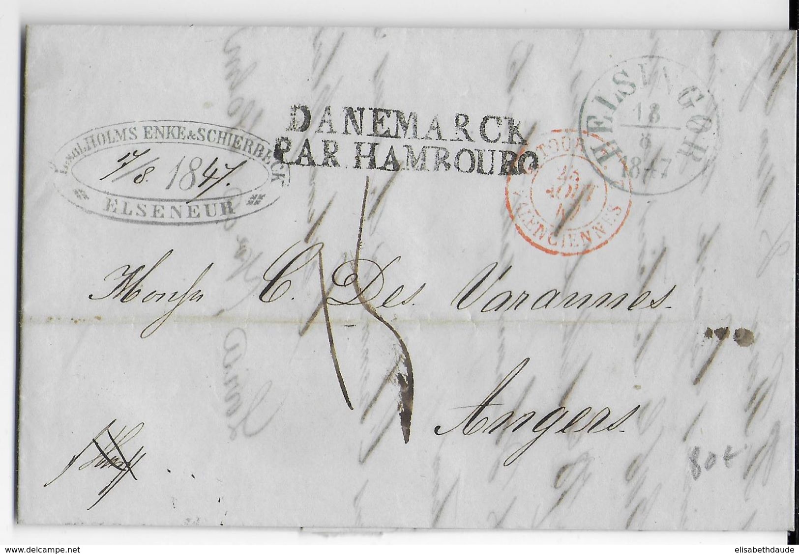 DANEMARK - 1847 - LETTRE De ELSENEUR CACHET D' ENTREE TOUR ET TAXIS Par VALENCIENNES + DANEMARCK Par HAMBOURG => ANGERS - Marques D'entrées