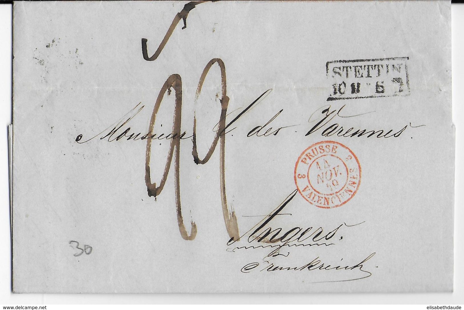 PRUSSE - 1849 - LETTRE De STETTIN Avec CACHET D' ENTREE PRUSSE Par VALENCIENNES => ANGERS - Entry Postmarks