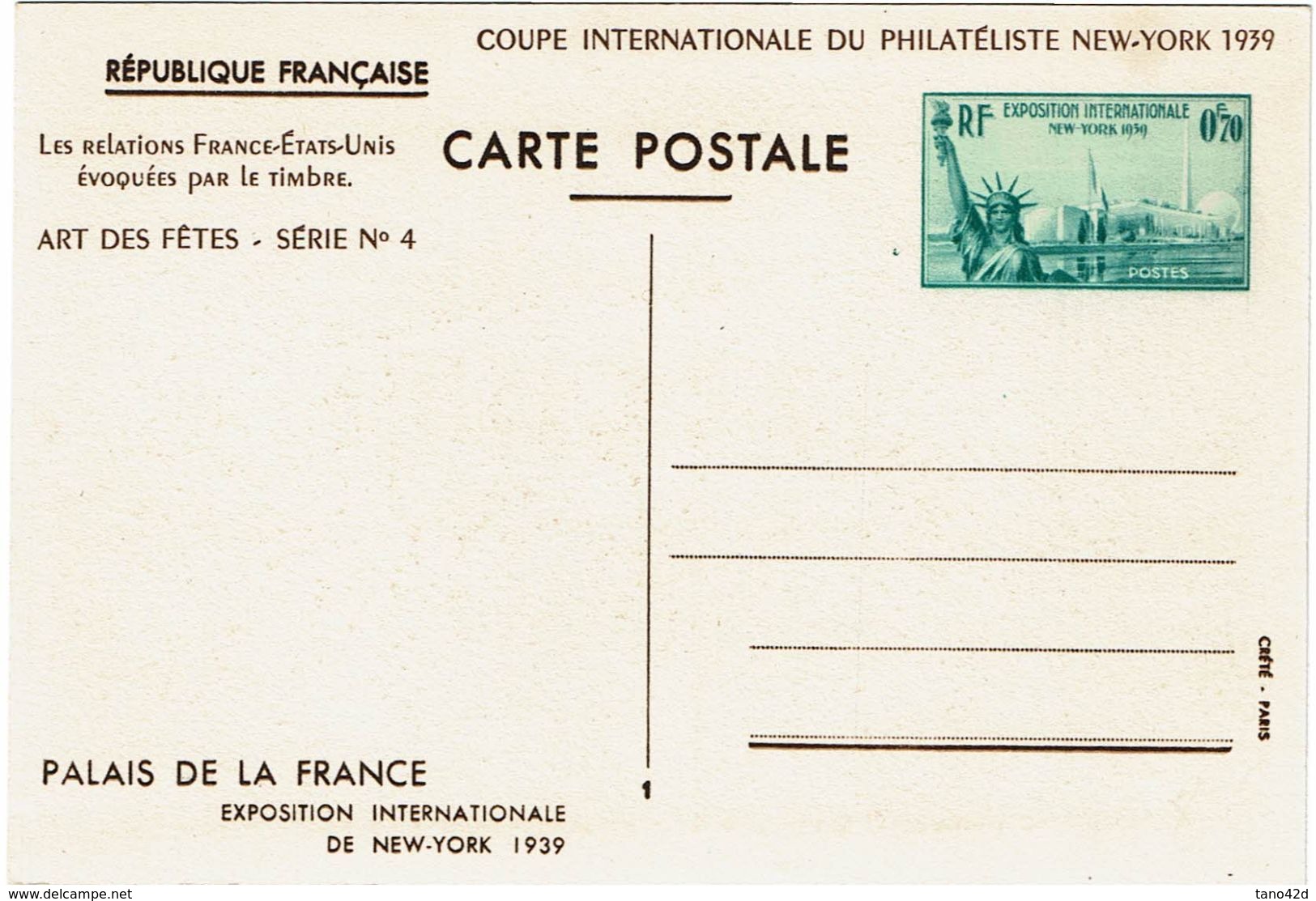 EP CP EXPOSITION NEW YORK 70c REPIQUAGE COUPE INT.LE PHILATELISTE N/YORK 1939 - Postales  Transplantadas (antes 1995)