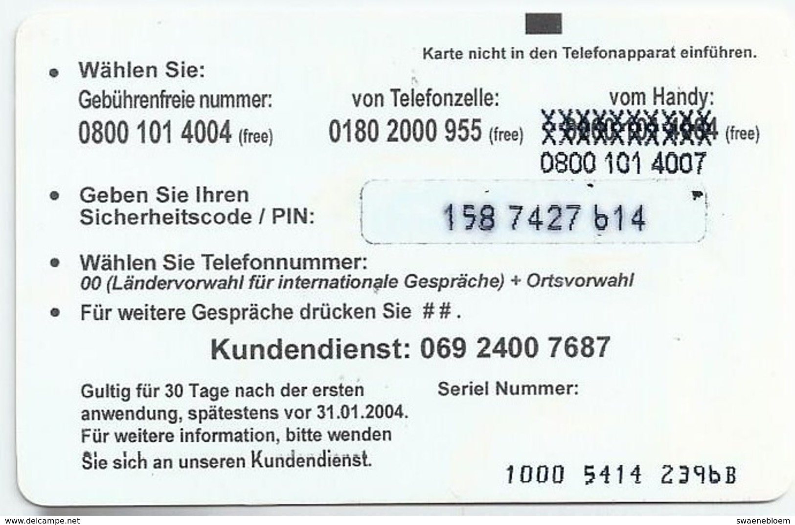 DE.- Telefoonkaart. Voice Telecom. Eurovoice. Eifeltoren. Seriel Nummer: 1000 5414 239bB - Cellulari, Carte Prepagate E Ricariche