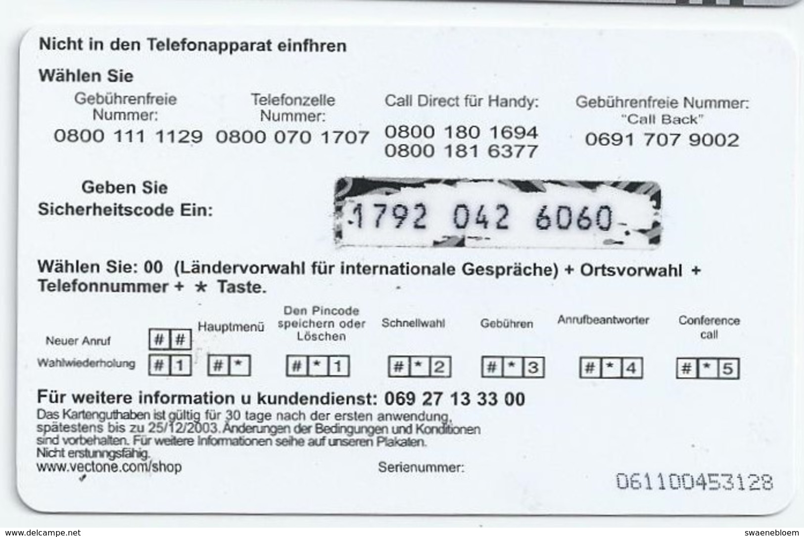 DE.- Telefoonkaart. DUITSLAND. VECTONE. Gnanam Telecom Centers. AFRICA COM. Serielnummer: 061100453128 - GSM, Cartes Prepayées & Recharges