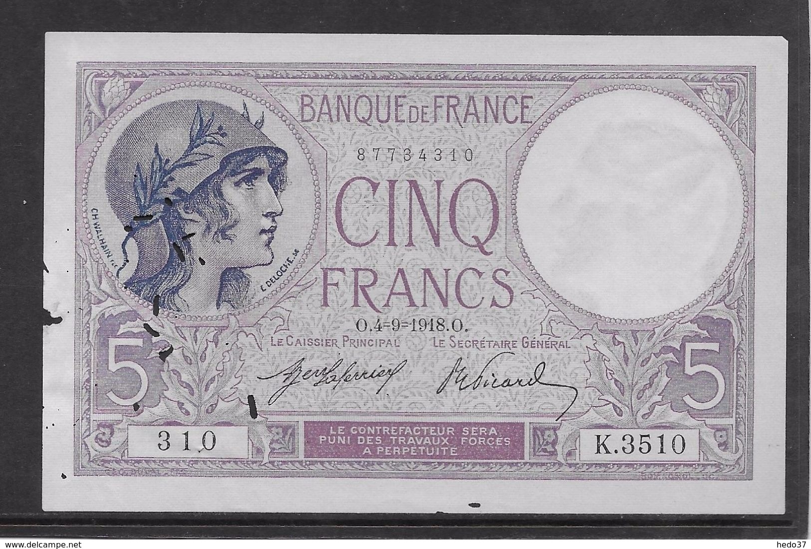 France 5 Francs Violet Type 1917 - 4-9-1918 - Trous Vermiculaires Sinon Neuf - 5 F 1917-1940 ''Violet''