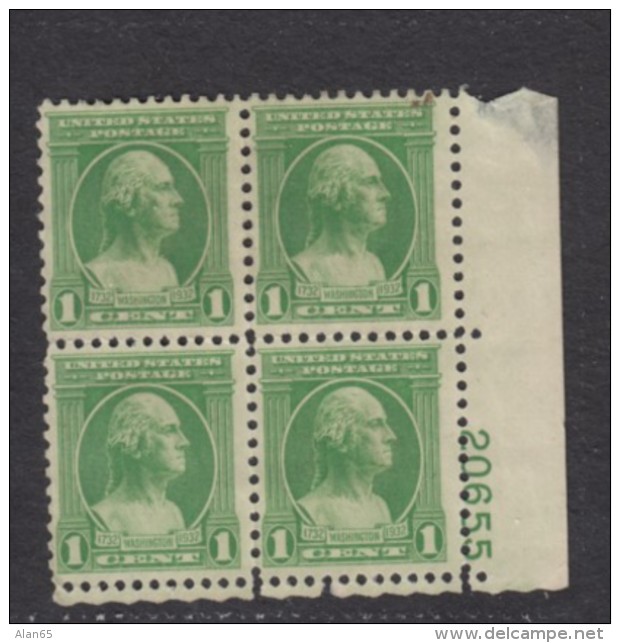 Sc#705 #706 &amp; #709 Washington Bicentennial 1-, 1 1/2-, And 4-cent Issues Unused NO GUM Plate # Blocks Of 4 Of Each - Plaatnummers