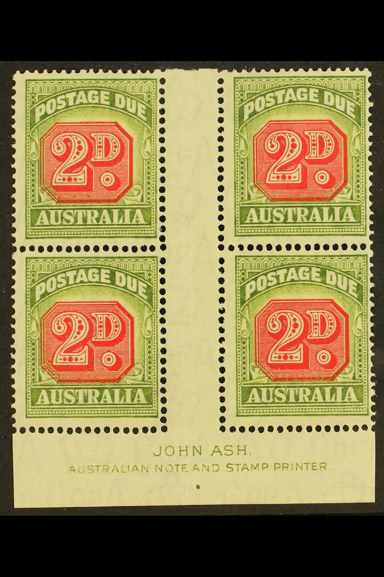 POSTAGE DUE 1946-57 2d Carmine And Green, SG D121, JOHN ASH Imprint Block Of Four, Superb Mint. (4 Stamps) For More Imag - Autres & Non Classés