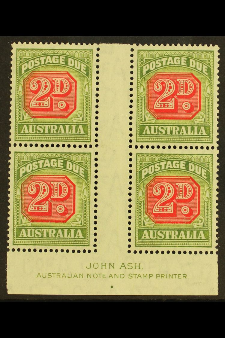 POSTAGE DUE 1946-57 2d Carmine And Green, SG D121, JOHN ASH Imprint Block Of Four, Very Fine Mint. (4 Stamps) For More I - Autres & Non Classés