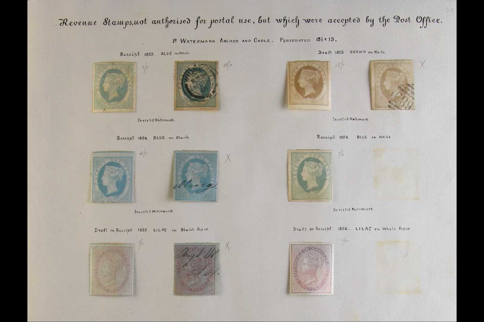 POSTAL FISCALS OLDE TYME SEMI-SPECIALISED Mint And Used Collection On Ancient Pages. Note 1853-57 Including 1d's SG F1/F - Andere & Zonder Classificatie