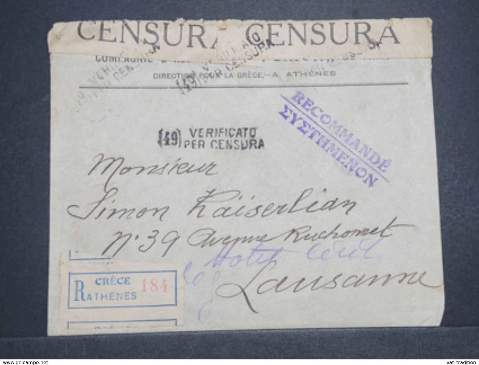 GRECE - Enveloppe En Recommandé + Contrôle Postal, De Athènes Pour La Suisse En 1917 , Timbres Au Dos Enlevés -  L 10456 - Lettres & Documents