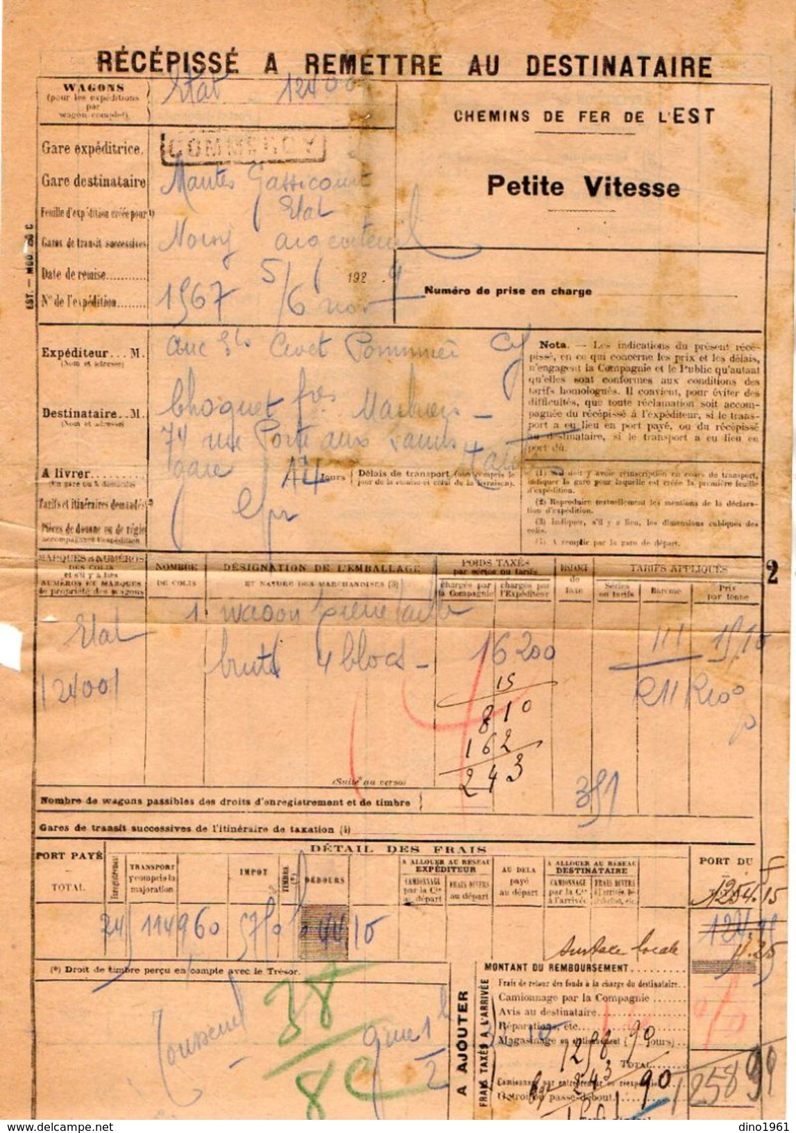 VP11.727 - Chemins De Fer De L'Est - Récépissé - Gare De COMMERCY Pour MANTES - GASSICOURT - Andere & Zonder Classificatie