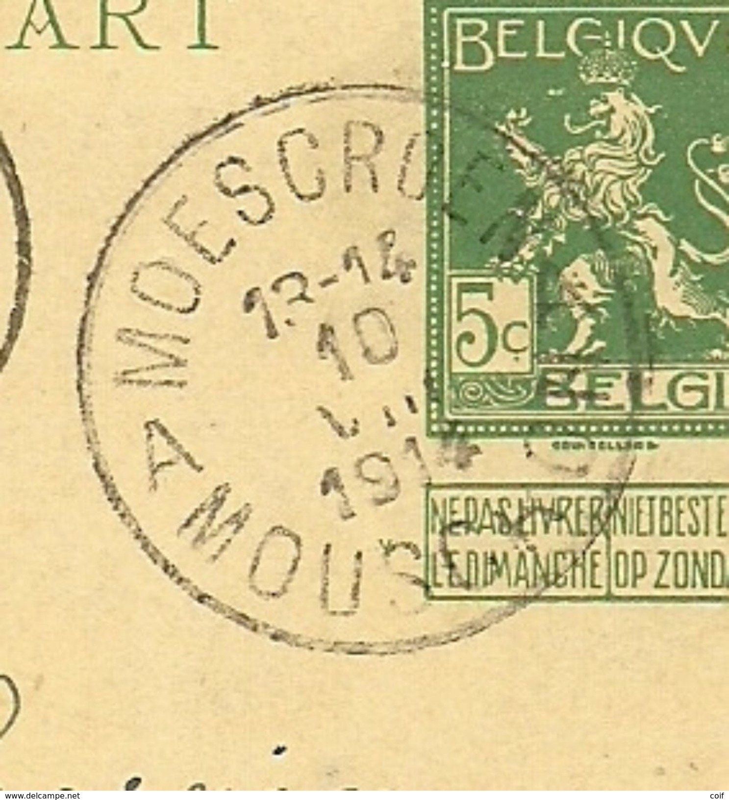 Entier Stempel MOESCROEN / MOUSCON  Op 10/08/1914 Naar LEUZE (Offensief W.O.I) - Zona Non Occupata