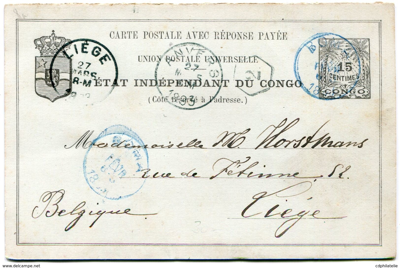 CONGO BELGE ENTIER POSTAL AVEC REPONSE DEPART BOMA ? FEVR 1893 POUR LA BELGIQUE - 1884-1894