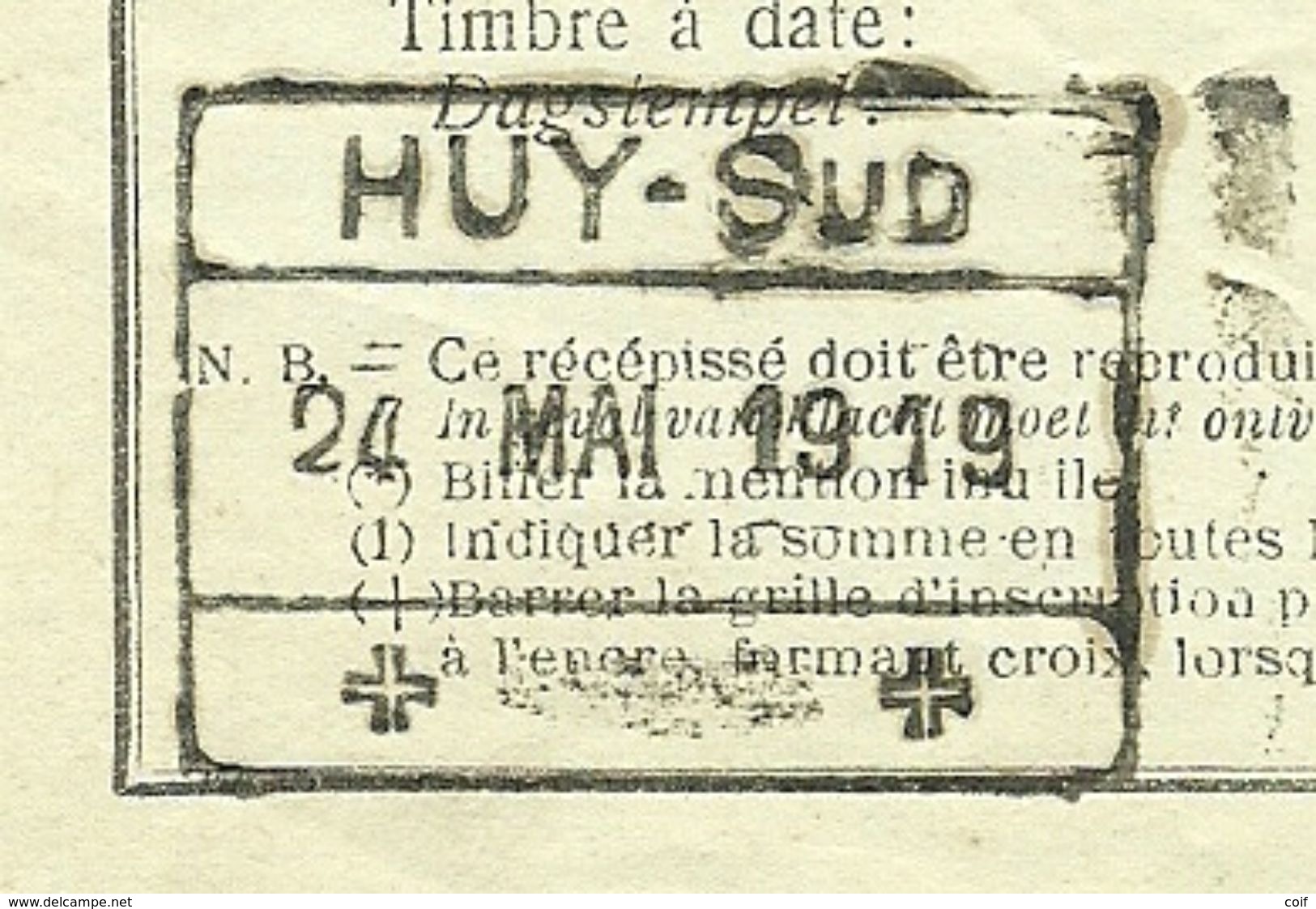 Dokument ONTVANGBEWIJS / RECEPISSE Met Spoorwegstempel HUY-SUD Op 24/5/1919 - Altri & Non Classificati