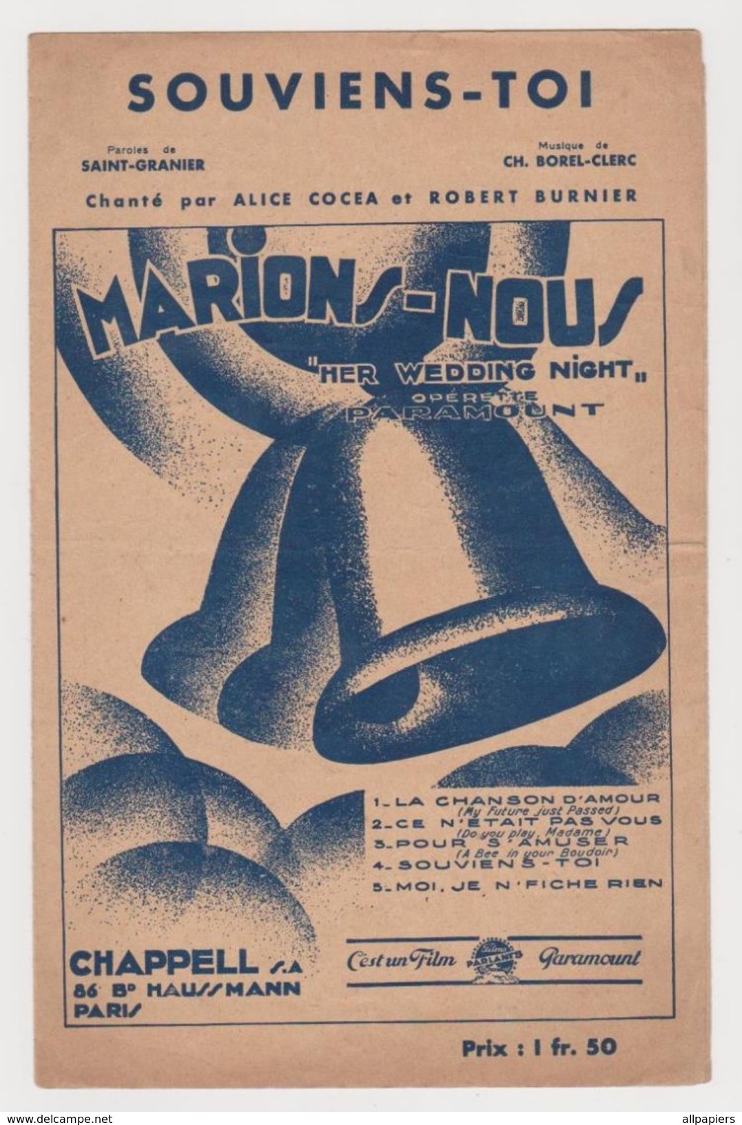 Partition Souviens-toi De L'opérette Marions-nous Chanté Par Alice Cocea Et Robert Burnier De 1931 - Opera