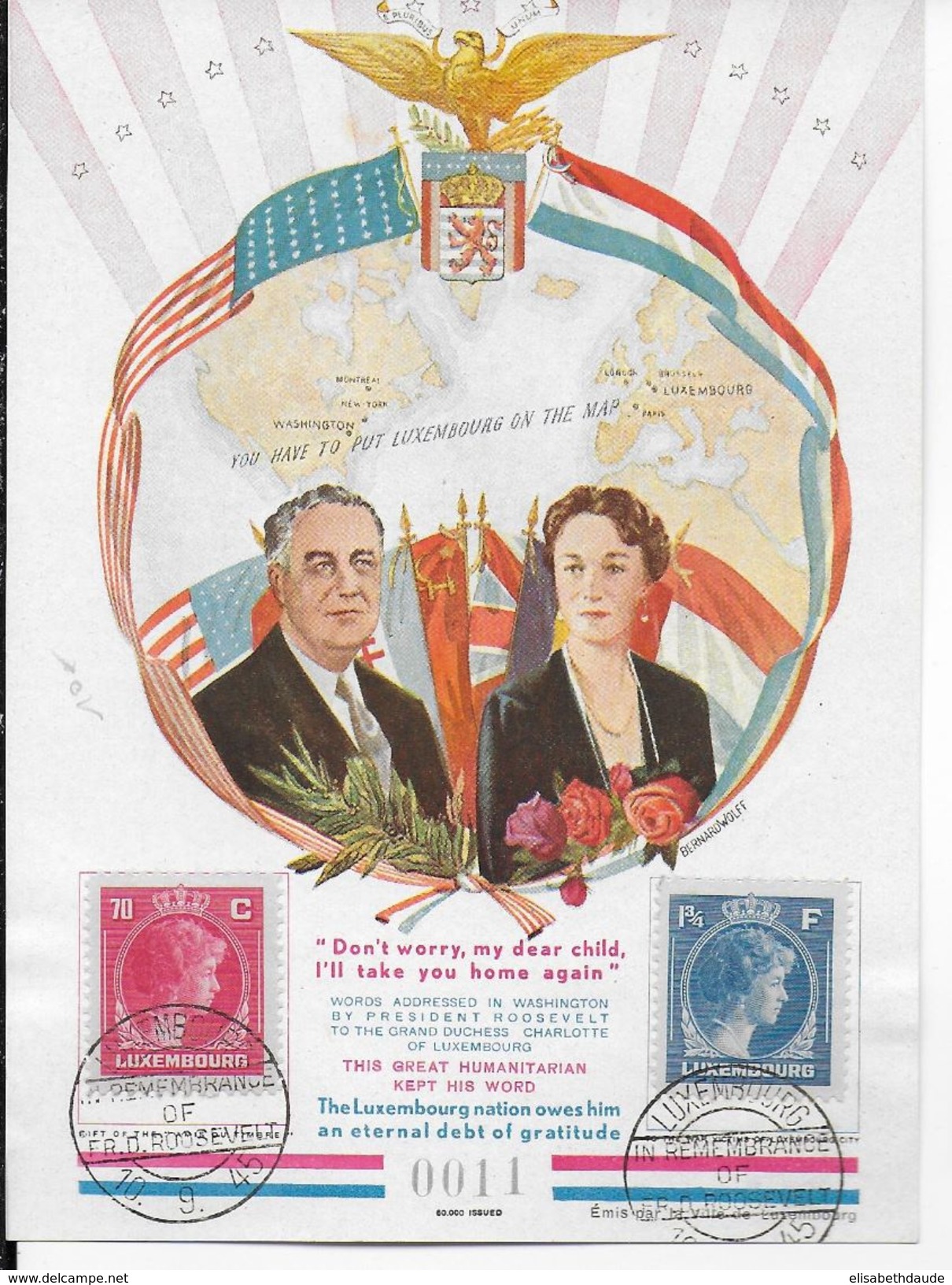 LUXEMBOURG - 1945 - CARTE COMMEMORATIVE AMERICAINE SOUVENIR De ROOSEVELT - LIBERATION - Herdenkingskaarten