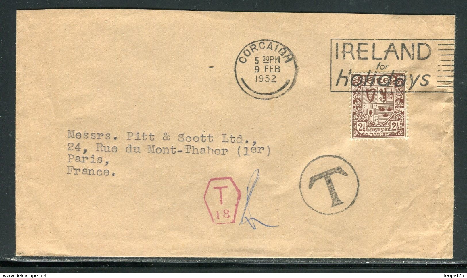 Irlande - Enveloppe , Oblitération De Corcaigh Pour Paris En 1952 , Enveloppe Taxée - Ref D270 - Brieven En Documenten