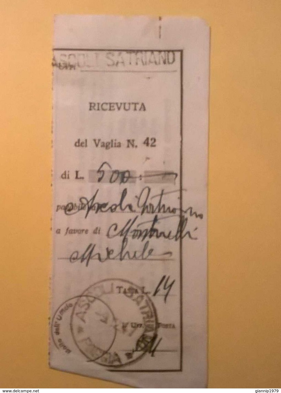 VAGLIA POSTALE RICEVUTA ASCOLI SATRIANO FOGGIA 1947 - Taxe Pour Mandats