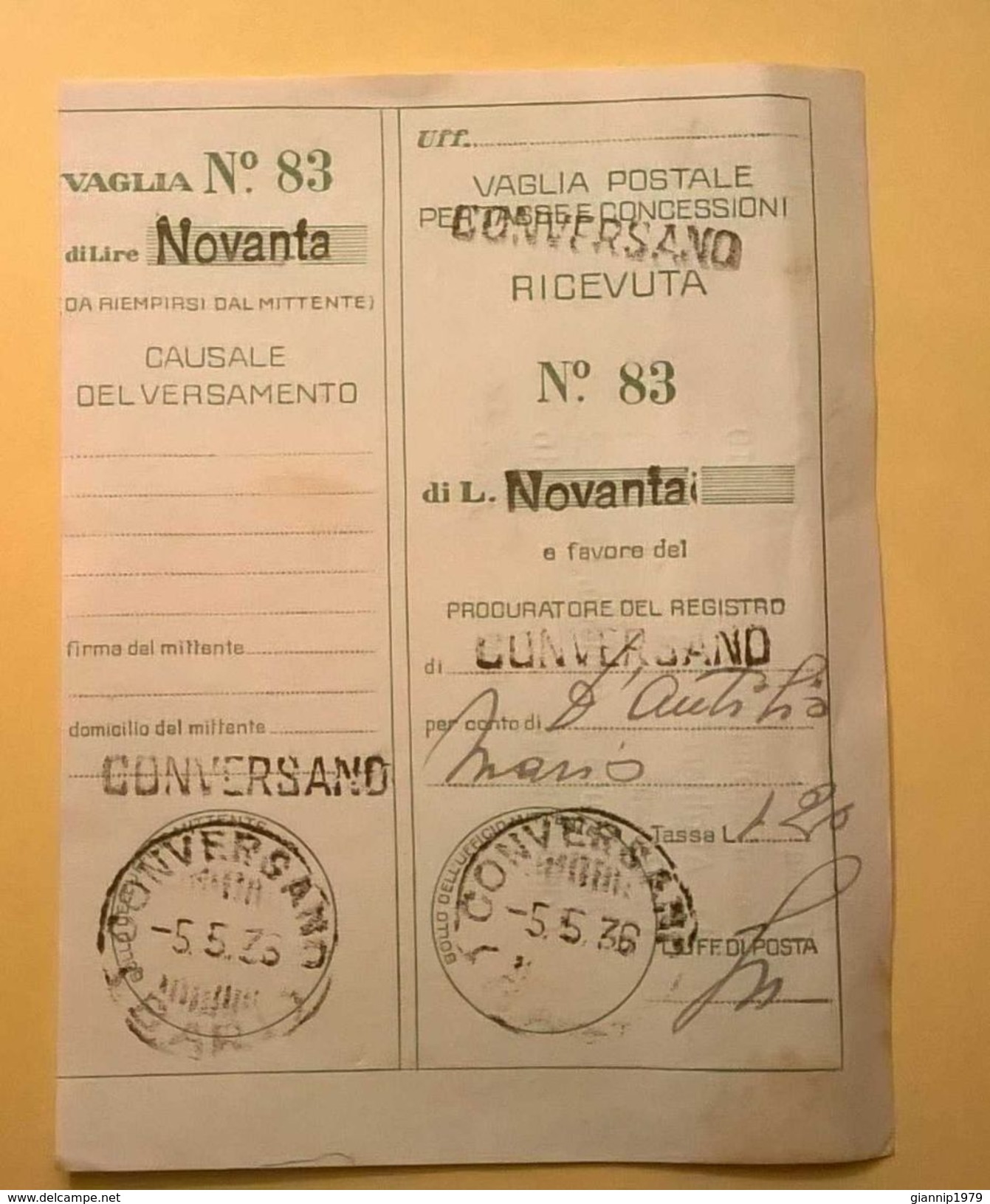 VAGLIA POSTALE RICEVUTA CONVERSANO BARI 1936 - Taxe Pour Mandats