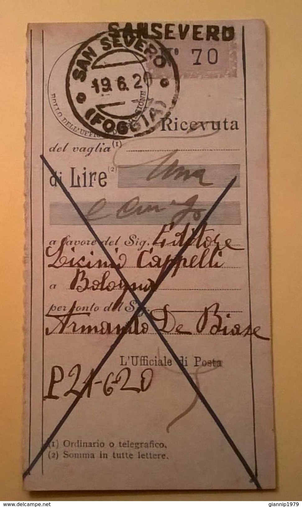 VAGLIA POSTALE RICEVUTA SAN SEVERO FOGGIA 1920 - Taxe Pour Mandats