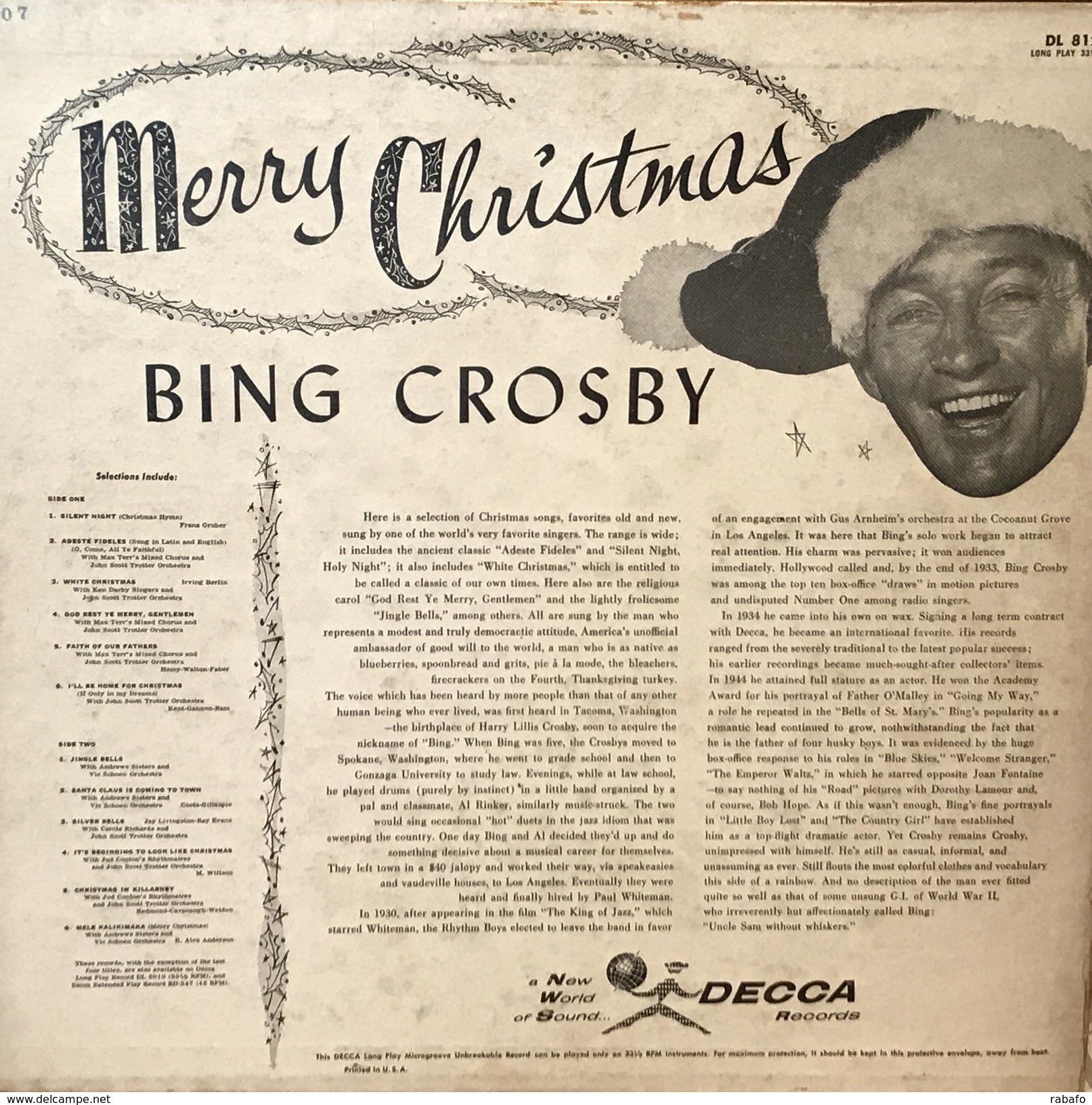 LP Navideño De Bing Crosby Año 1955 Edición Uruguaya - Christmas Carols