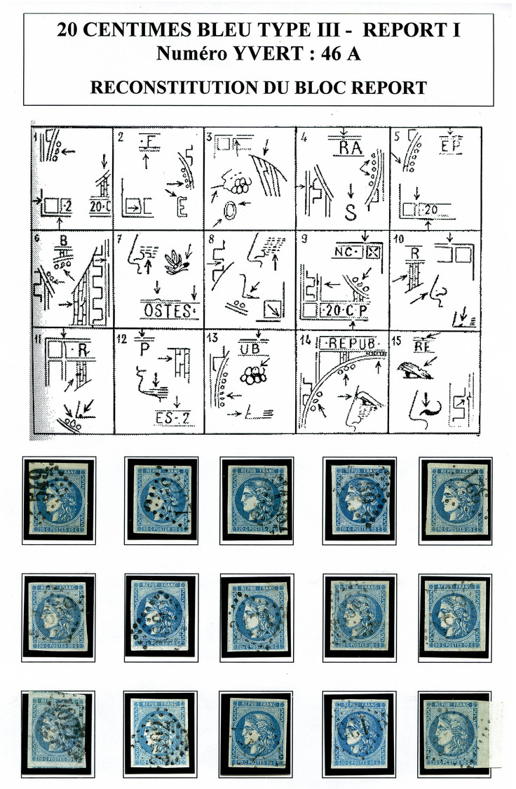 O N°46A, 20c Bordeaux Type 3 Report I: Bloc Report De 15 Exemplaires Reconstitué Dont Nuances, Tous TB/SUP. R. (certific - 1870 Emissione Di Bordeaux