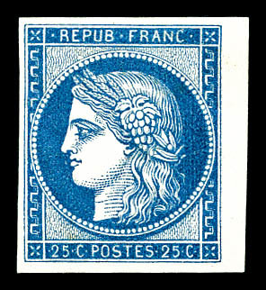 * N°60Ac, Granet, 25c Bleu Non Dentelé, Bord De Feuille. TTB (certificat)   Qualité: *   Cote: 650 Euros - 1871-1875 Ceres