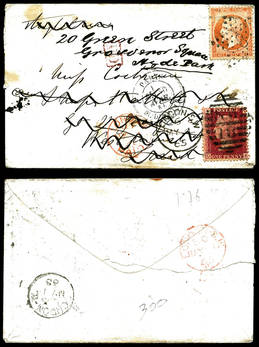 O N°23, 40c Orange Sur Lettre De Paris Le 30 Avril 65 Pour Londres, Apposition D'un Timbre à 1 Penny Pour Réexpédition V - 1849-1876: Klassik