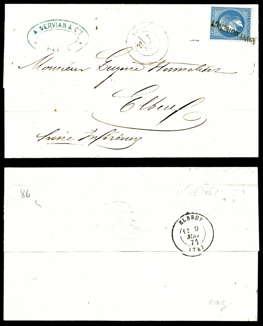 O N°29A, 20c Bleu Sur Lettre Du 7 Mai 1871 Obl Grille De MONTMORENCY, SUP (signé Margues/certificat)   Qualité: O - 1849-1876: Klassik