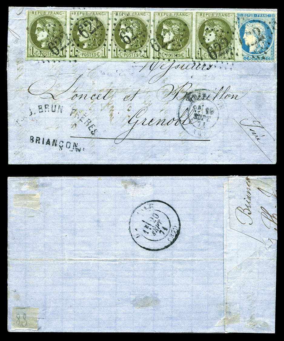 O N°39C, Affranchissement De Sept 71 Composé D'une Bande De 5 Du 1c Olive Rep 3 + 20c Siège Sur Lettre Du 19 SEPT 1871 P - 1849-1876: Klassik