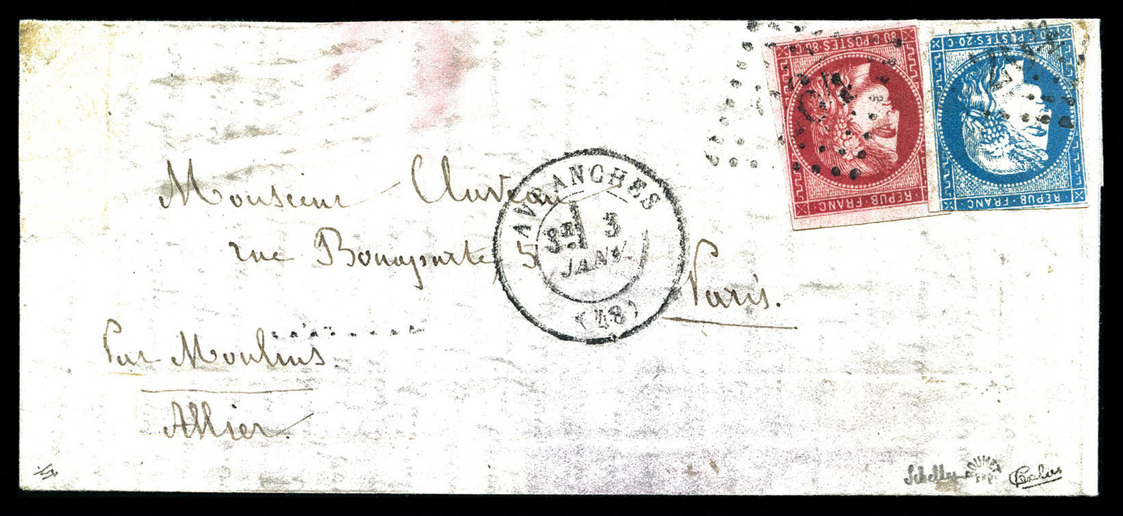 O Rare Affranchisement: 20c Bordeaux Type I Rep 1 (N°44A) Et 80c Bordeaux (N°49) Sur Lettre Obl Càd D'AVRANCHE Du 3 Janv - Krieg 1870