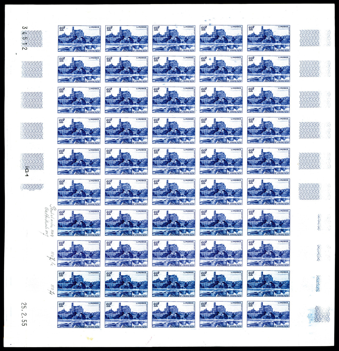 ** N°1019, 12f Limoges, Feuille Complète De 50 Exemplaires Dont 5 Multicolores. SUP (certificat)   Qualité: **   Cote: 1 - Sonstige & Ohne Zuordnung