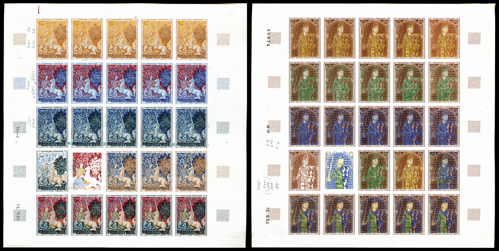 ** N°1424/25, Champlevé Et Dame à La Licorne: Essais Multicolores En 2 Feuilles Complètes De 25 Exemplaires. R.R.R. SUP  - Sonstige & Ohne Zuordnung