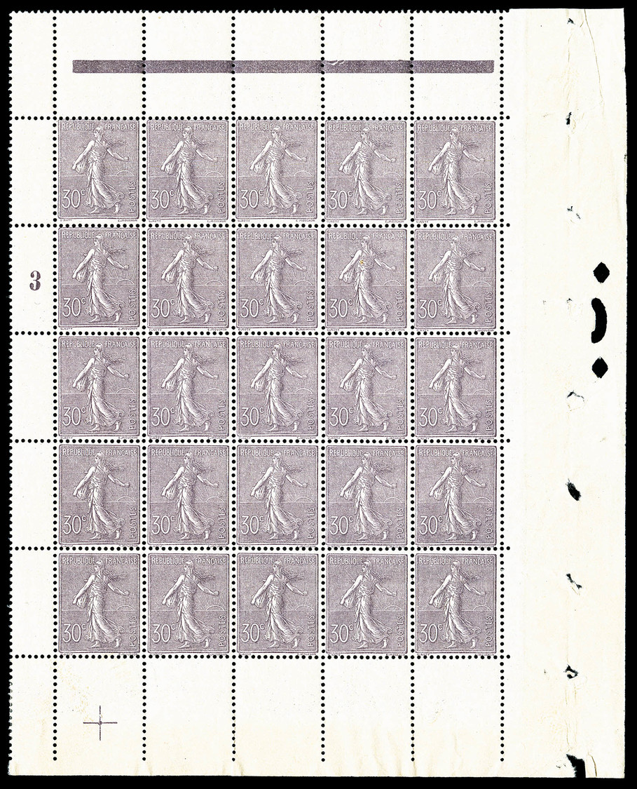 ** N°133, Semeuse 30c Lilas: Panneau De 25 Exemplaires Millésime '3' Avec Croix De Repère Et Perforation De Contrôle, FR - Ganze Bögen