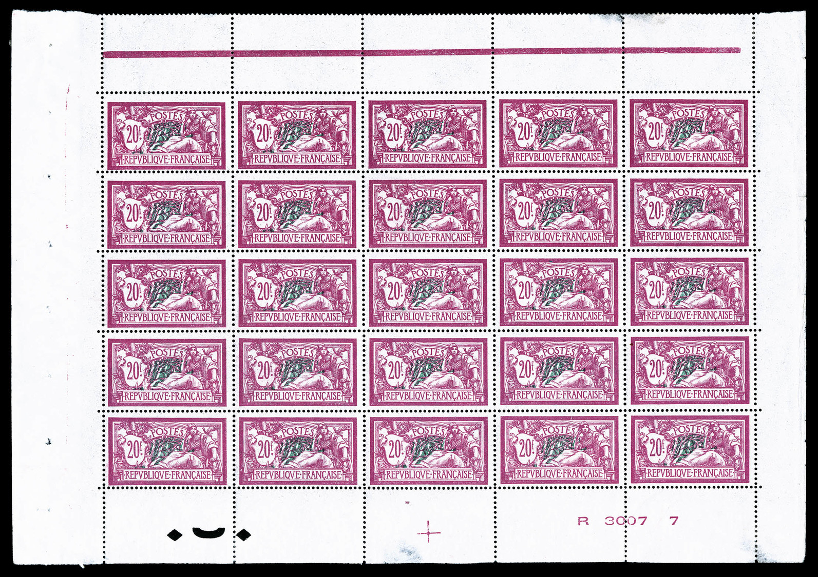 ** N°208, Merson, 20F Lilas-rose Et Vert-bleu En Feuille De 25 Exemplaires Avec Croix De Repère Et Numéro De Feuille, In - Ganze Bögen