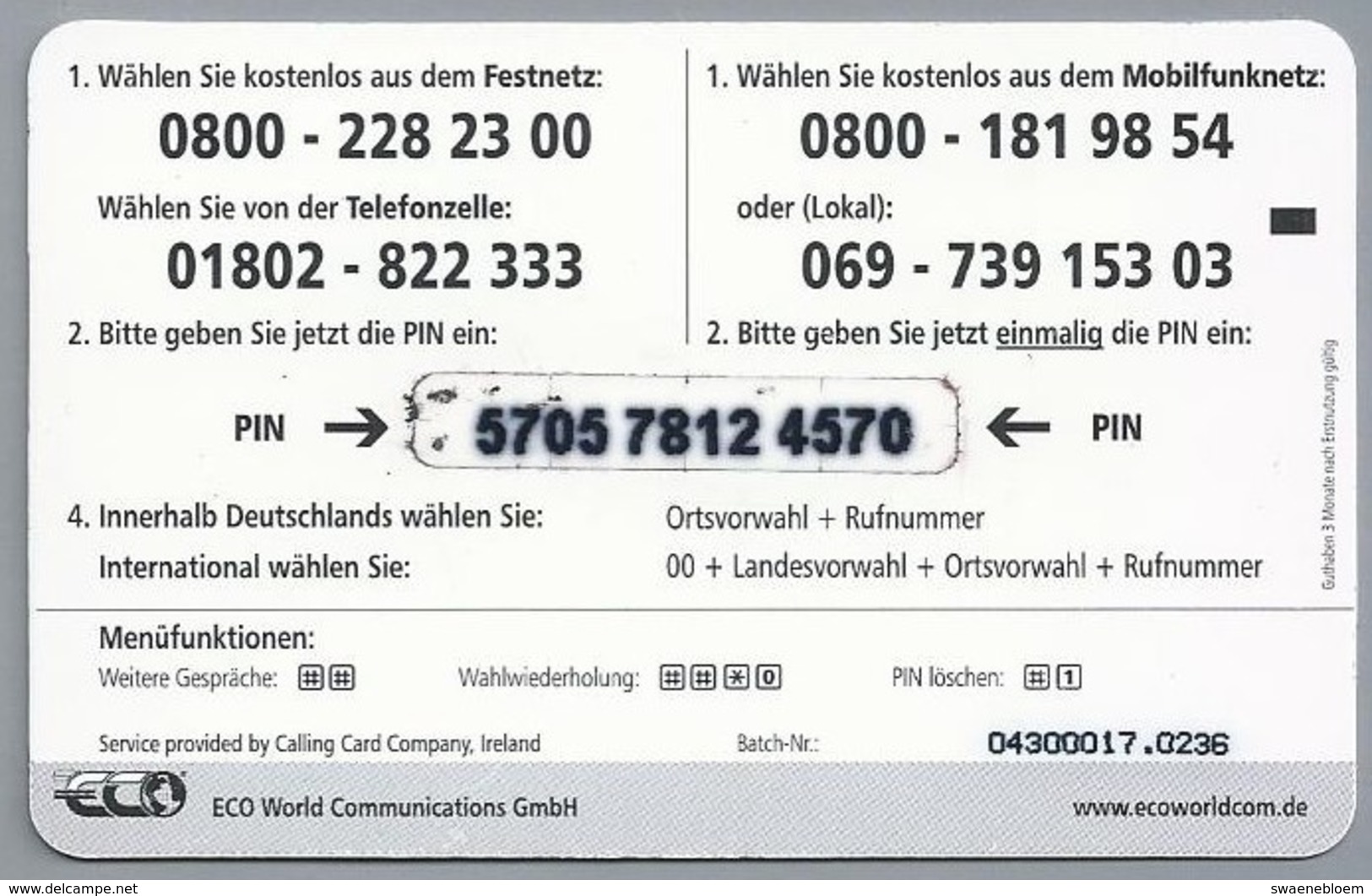 DE.- Telefoonkaart. ECO. EUROEXTRA PHONECARD. 5 €. Super Verbindung. 2 Scans - GSM, Cartes Prepayées & Recharges