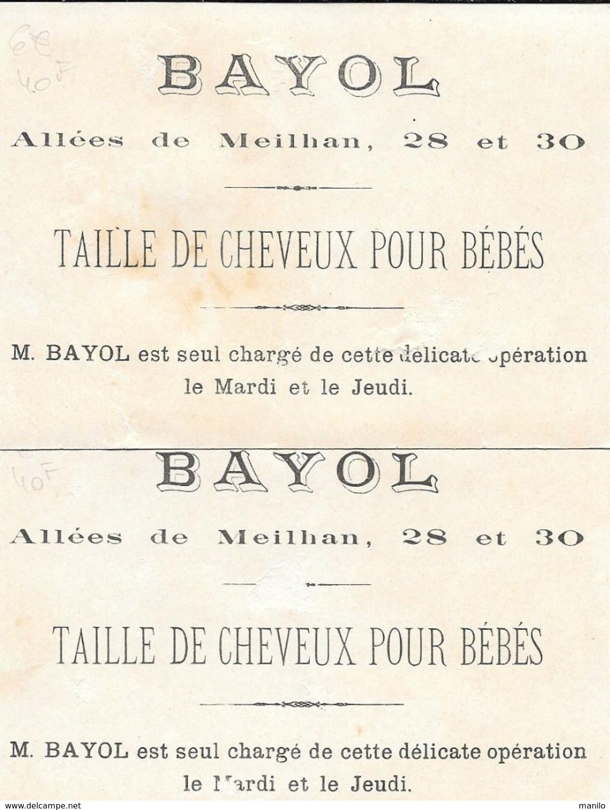 13 - MARSEILLE - 2 Chromos Publicitaires Pour BAYOL Allées De Meilhan -TAILLE DE CHEVEUX POUR BEBES Sur Chromo PAPILLONS - Petits Métiers