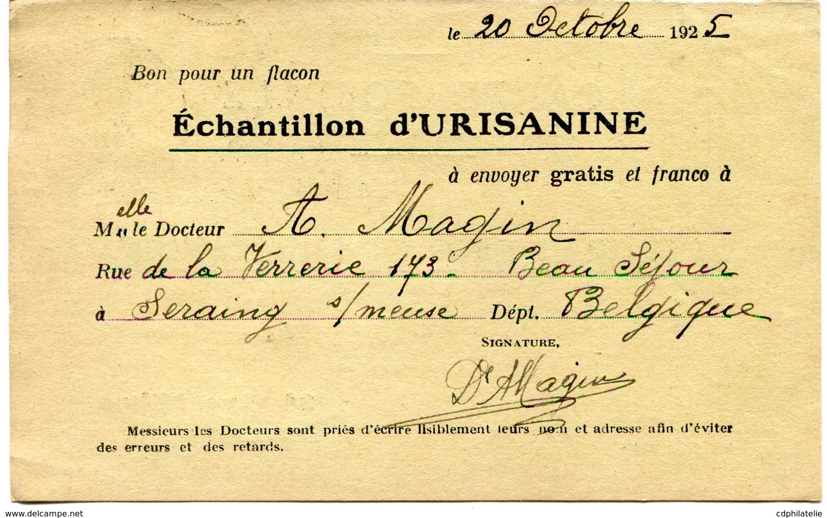 BELGIQUE CARTE POSTALE BON POUR UN FLACON ECHANTILLON D'URISANINE DEPART SERAING 21 X 1925  POUR LA FRANCE - Lettres & Documents